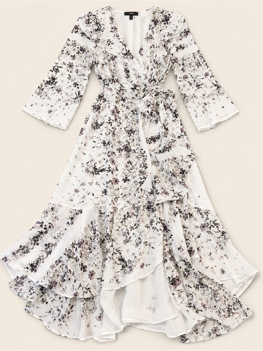 BCBGMaxAzria White and Purple Cold-Shoulder Floral Wrap Dress